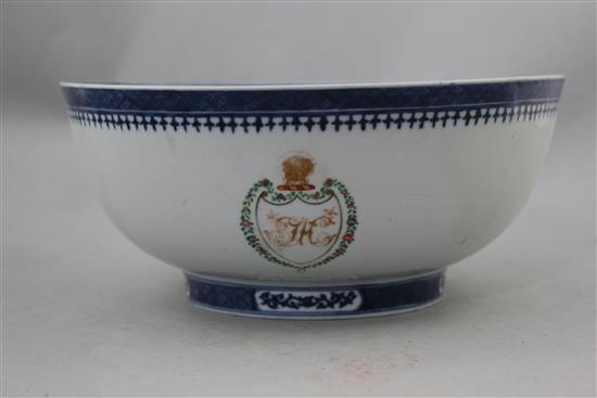 A Chinese export armorial punch bowl, c.1790, 25cm.